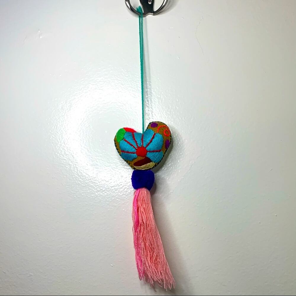 Embroidered Heart Tassel, Bag Charm Felt Pom Pom - Picture 3 of 3